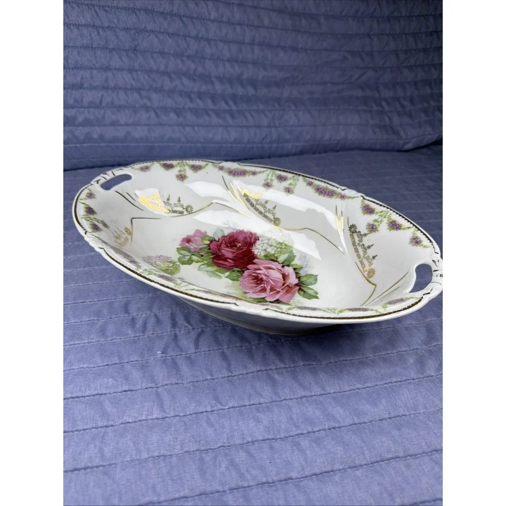 Vintage Porcelain Floral Fruit Bowl Oval Serving Dish Gold Trim Rose Design